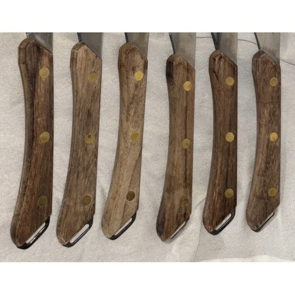 Vtg 6 Serrated Steak Knives Stainless Steel Wood‎ Handle With End Loop Japan